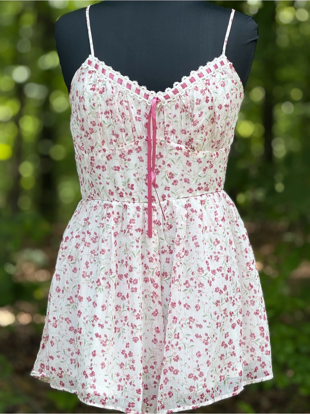 Francesca's Floral Smocked White Romper with Pink Blossoms